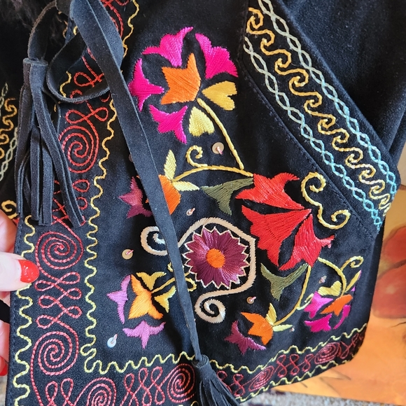 DOUBLE D RANCH Black Suede Embroidery Mongolian Lamb Fur Collar Cuffs Jacket NWT - Picture 7 of 16